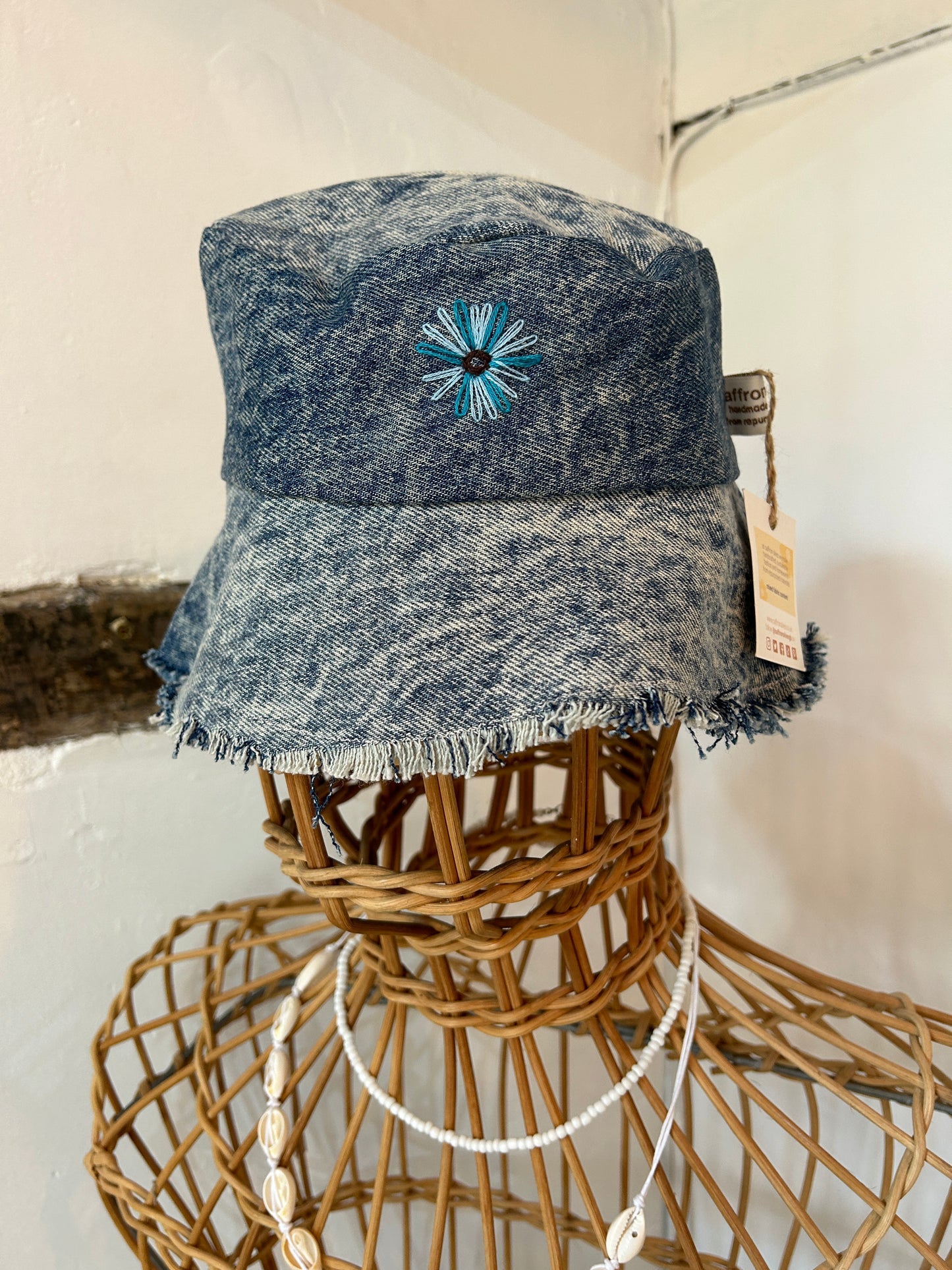 Saffron Skies recycled denim bucket hat *hand embroidered*