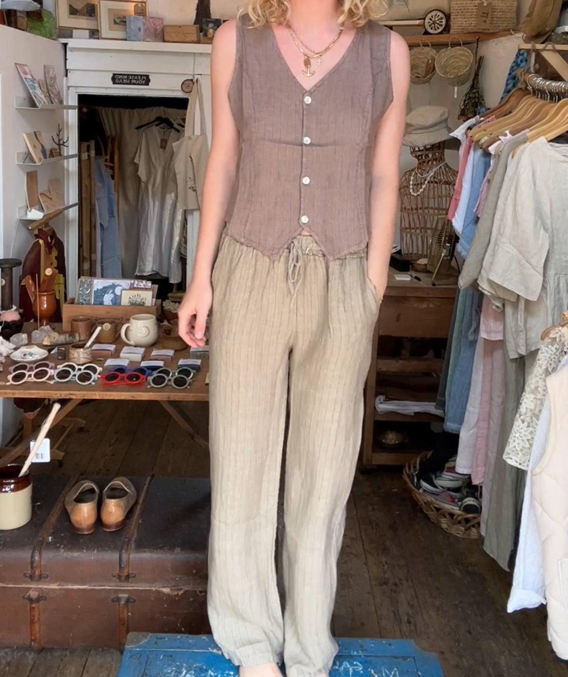 Mocha Linen stripe vest