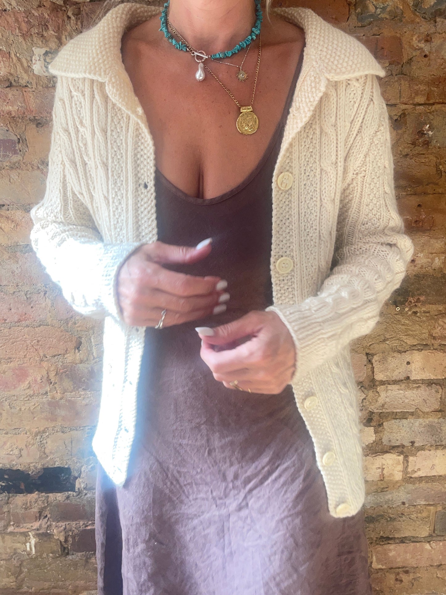 Vintage handmade cream cable knit wool Cardigan