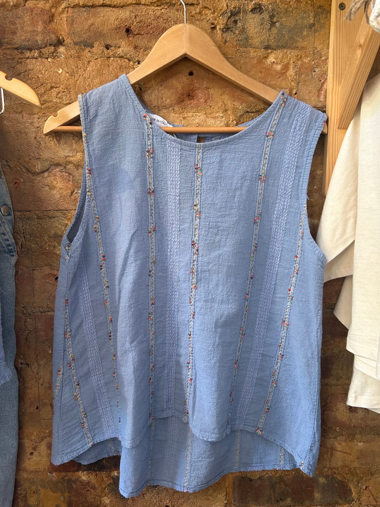 Blue linen embroidered vest top