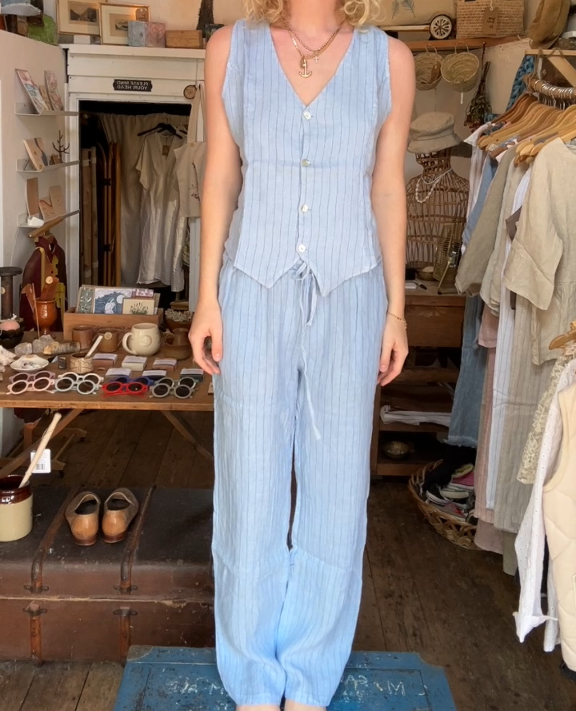 Blue Linen stripe vest