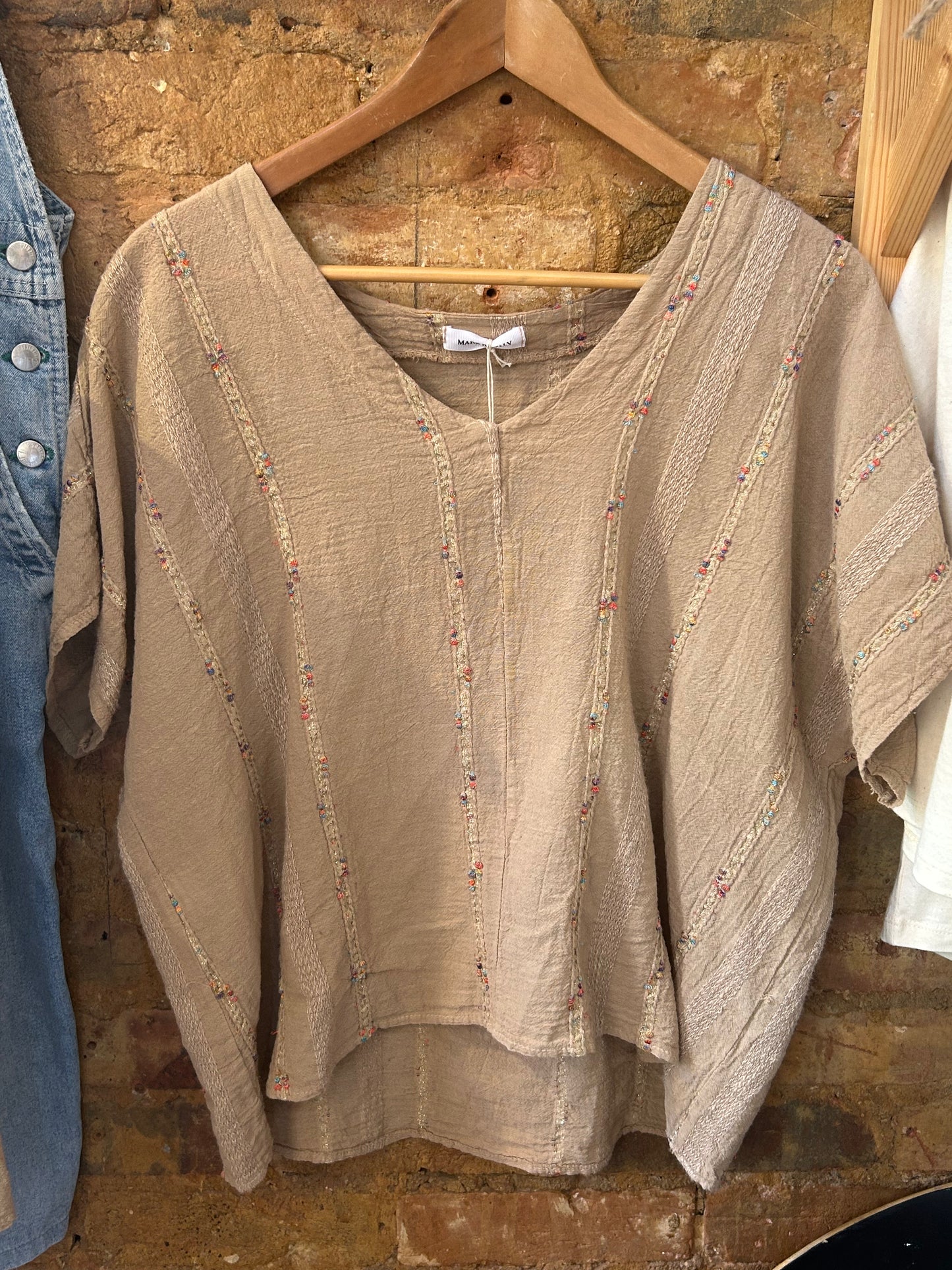 Brown linen embroidered T-shirt