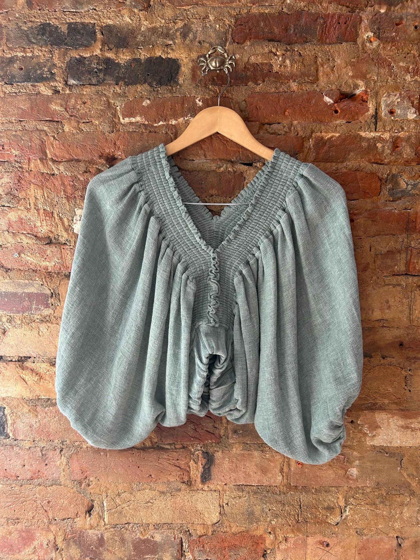 Green linen waffle crop