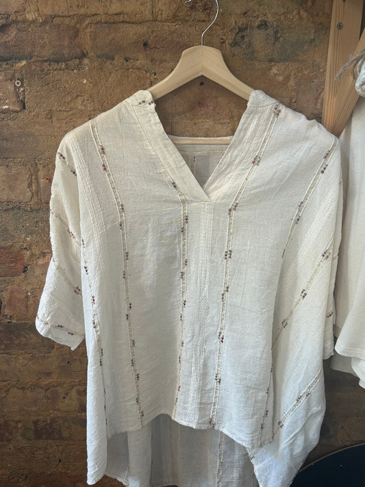Cream linen embroidered v neck