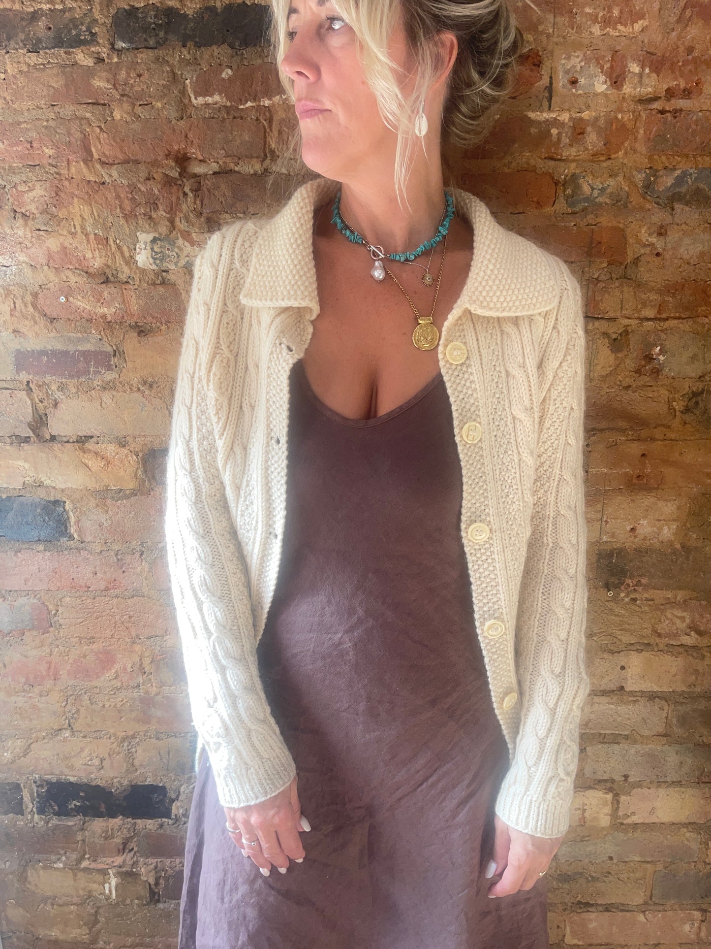 Vintage handmade cream cable knit wool Cardigan