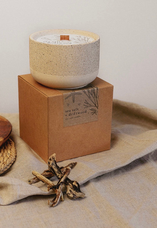 Bobella sea salt & driftwood Natural Candle with stoneware pot and refill