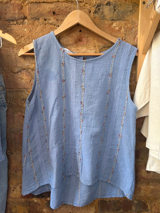 Blue linen embroidered vest top