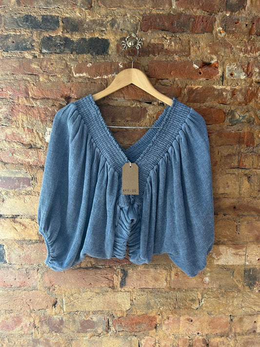 Linen waffle crop darker blue