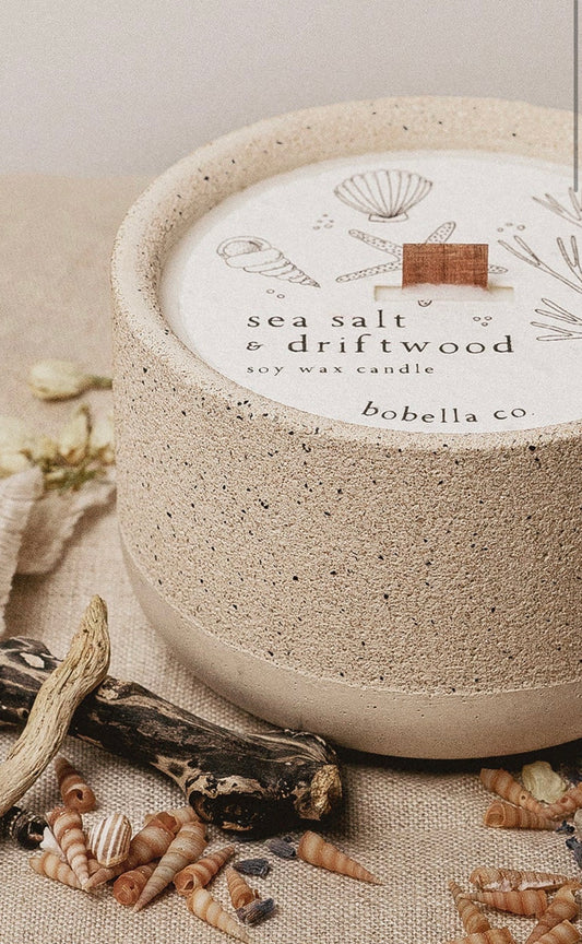 Bobella sea salt & driftwood Natural Candle with stoneware pot and refill