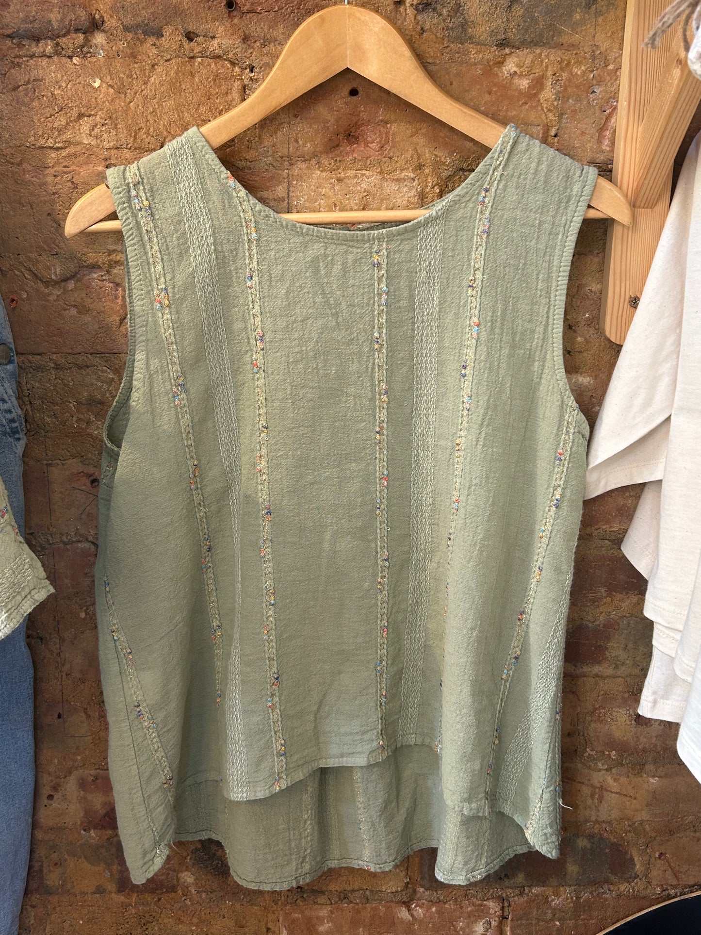 Green linen embroidered vest top