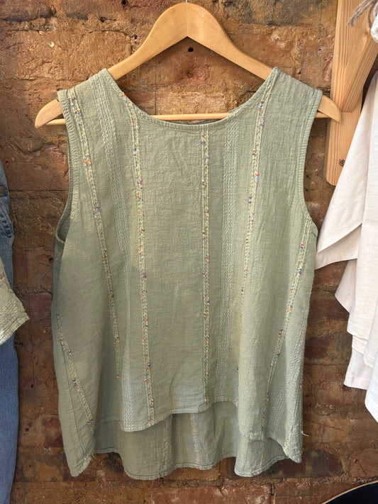 Green linen embroidered vest top