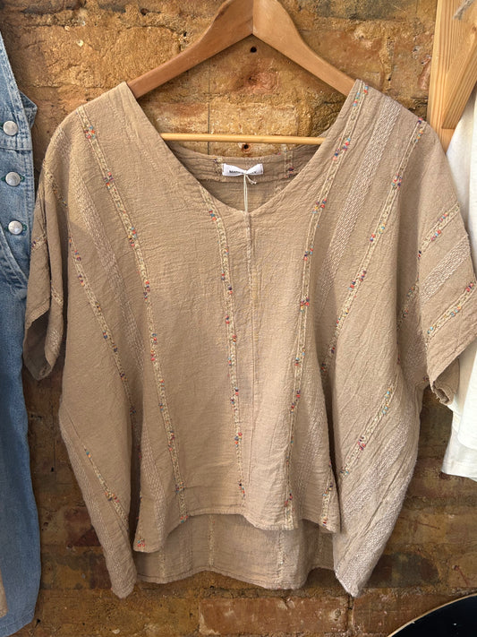 Brown linen embroidered T-shirt