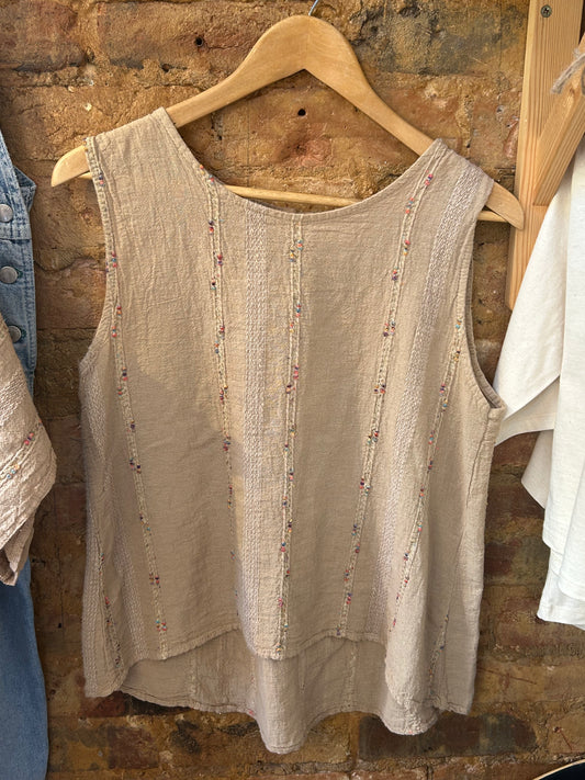 Brown linen embroidered vest top