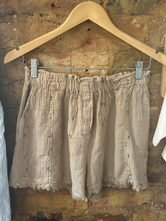 Brown linen embroidered shorts