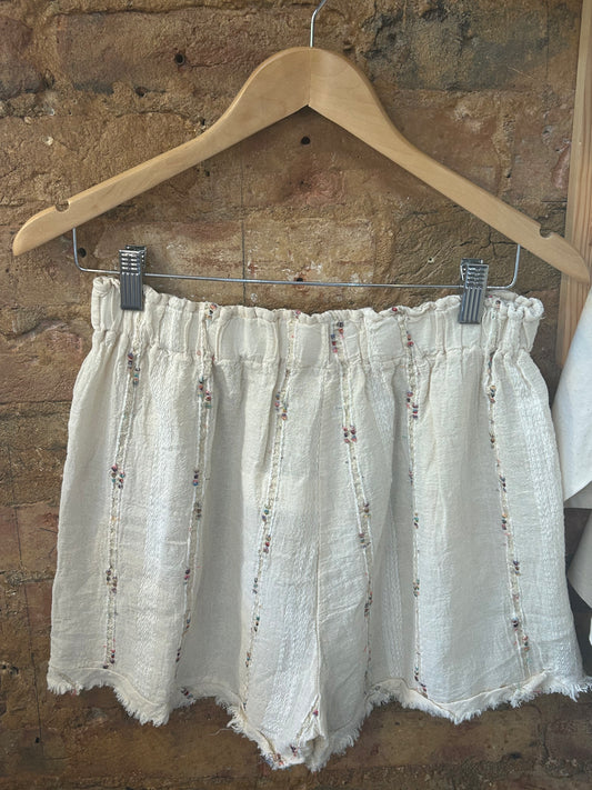 Cream linen embroidered shorts