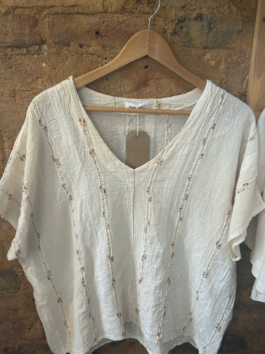 Cream linen embroidered T-shirt