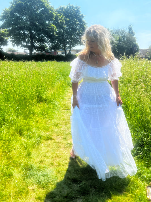 1970s Tiered Bohemian Maxi Dress in White
