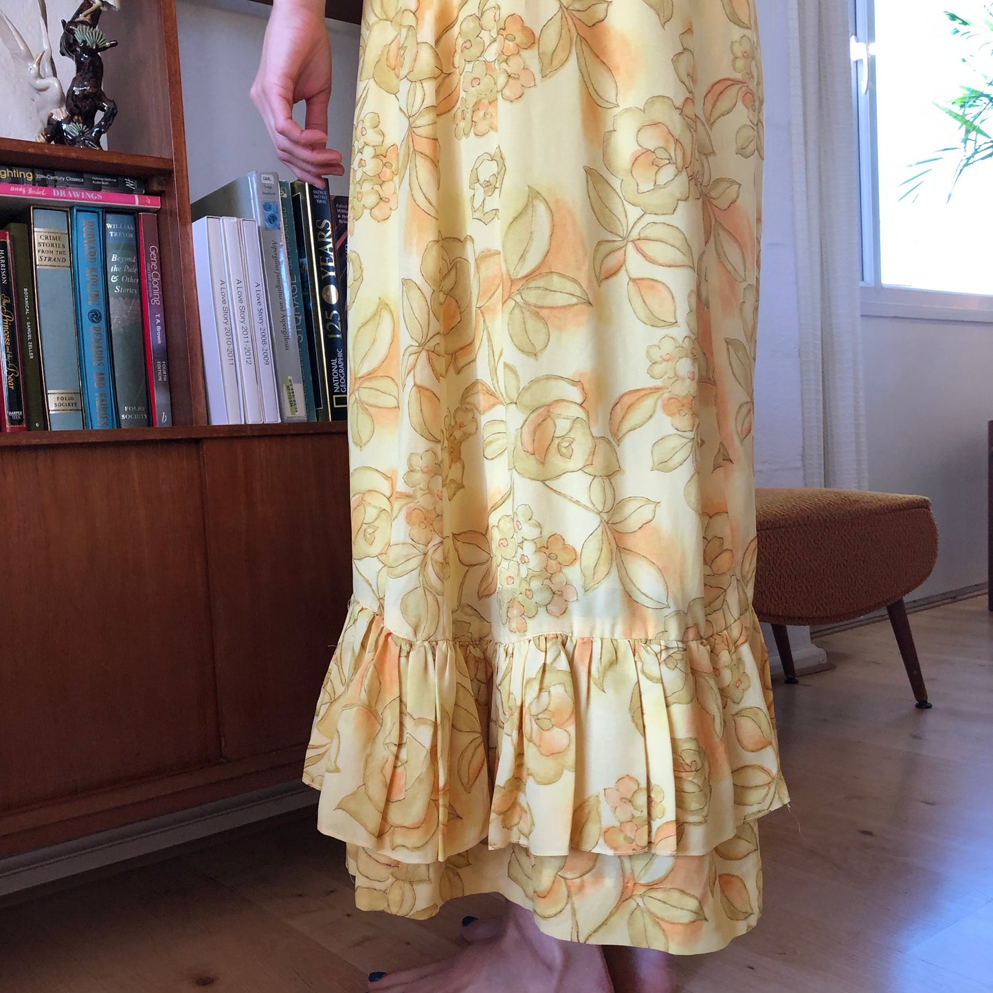 1970s handmade yellow floral frill maxi dress